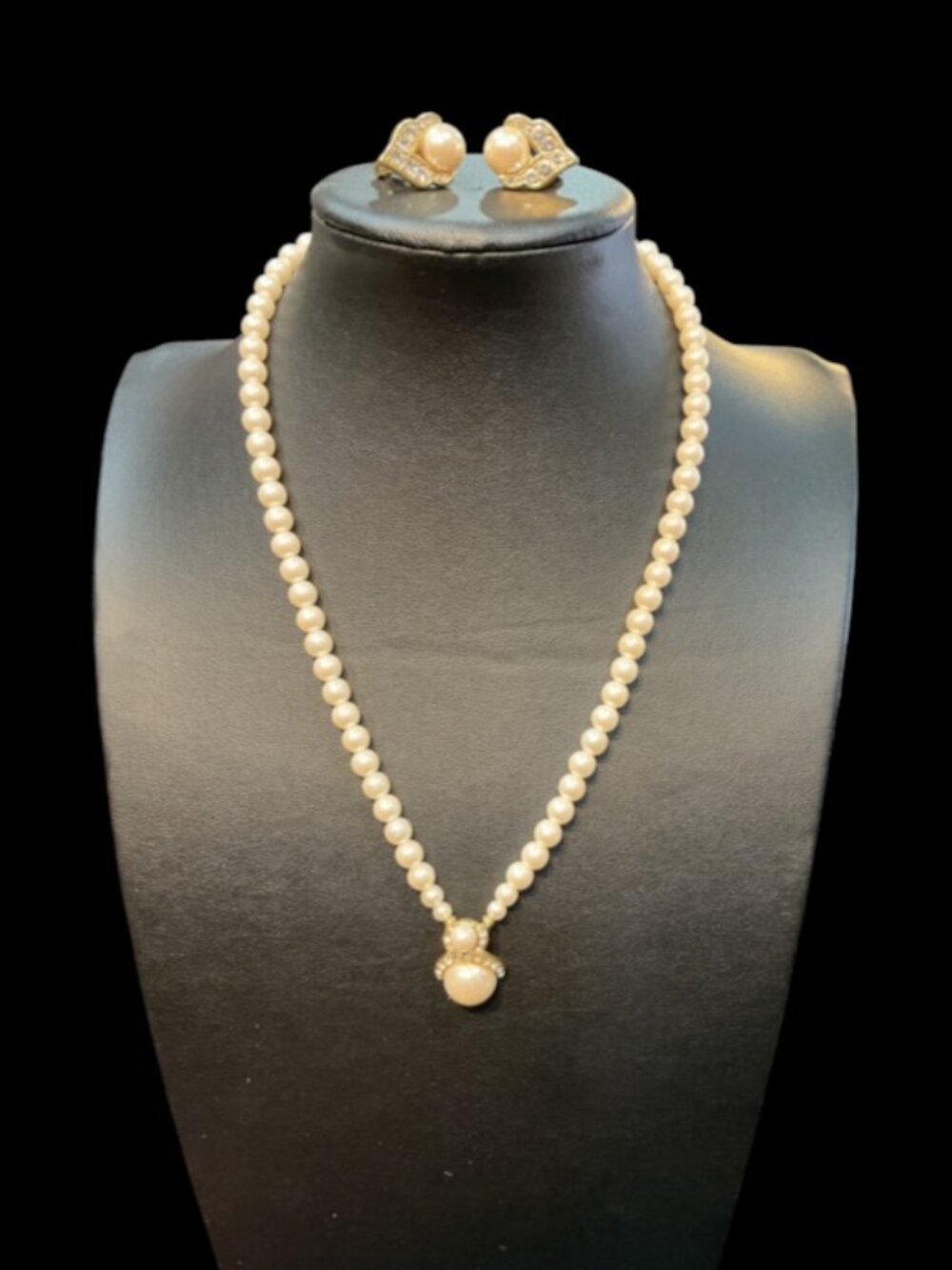 Vintage Marvella Faux Pearl Necklace Monet Clip Earrings Rhinestone Jewelry Set